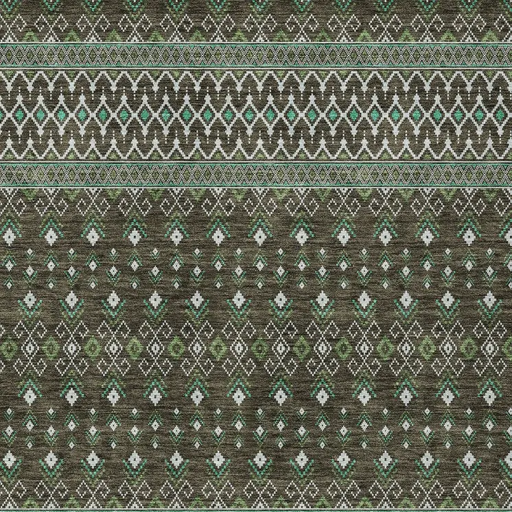 9' X 12' Brown Green And Olive Green Tribal Washable Indoor Outdoor Area Rug