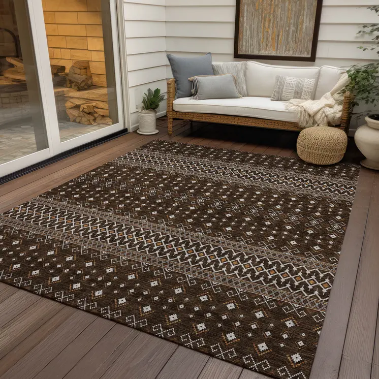 3' X 5' Chocolate Taupe And Copper Tribal Washable Indoor Outdoor Area Rug