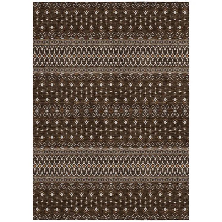 5' X 8' Chocolate Taupe And Copper Tribal Washable Indoor Outdoor Area Rug