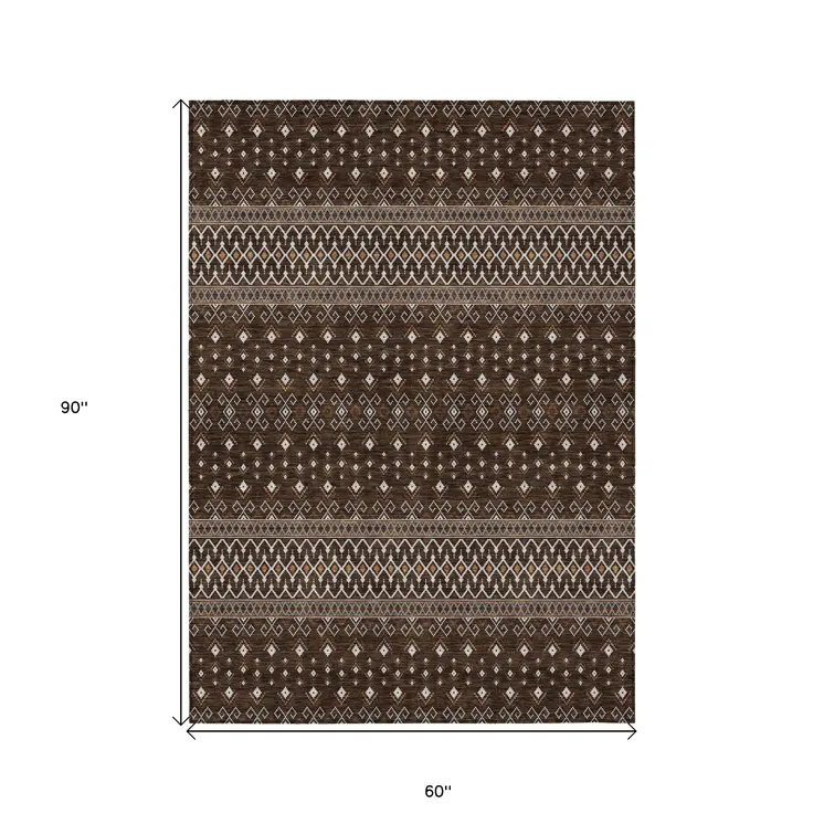 5' X 8' Chocolate Taupe And Copper Tribal Washable Indoor Outdoor Area Rug