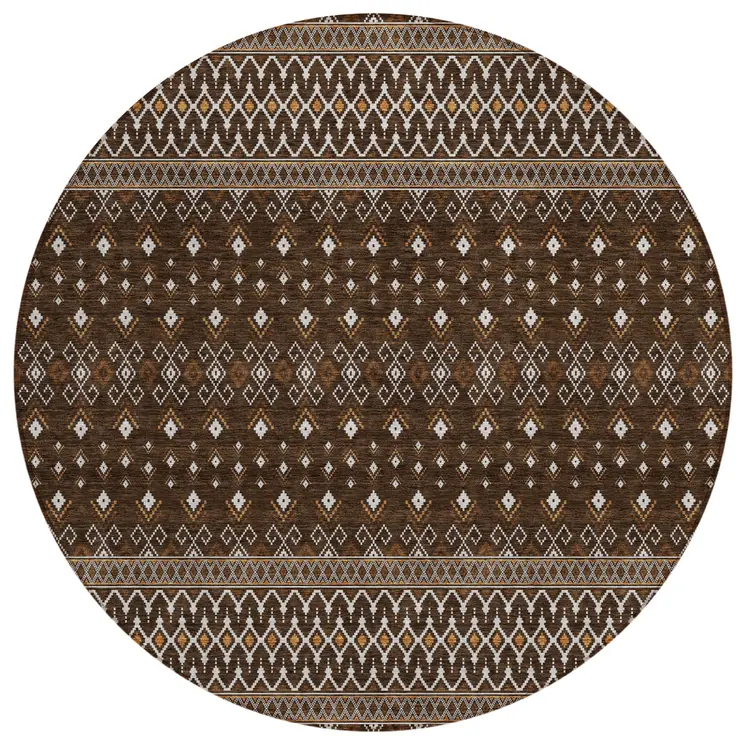 8' Chocolate Taupe And Copper Round Tribal Washable Indoor Outdoor Area Rug