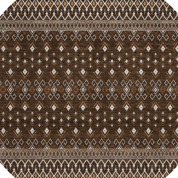 8' Chocolate Taupe And Copper Round Tribal Washable Indoor Outdoor Area Rug