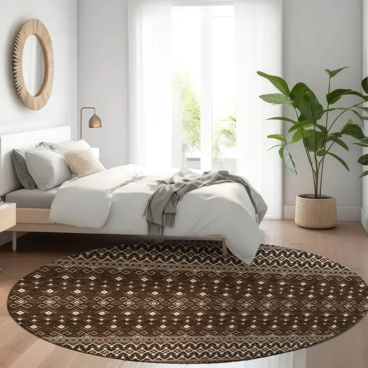 8' Chocolate Taupe And Copper Round Tribal Washable Indoor Outdoor Area Rug