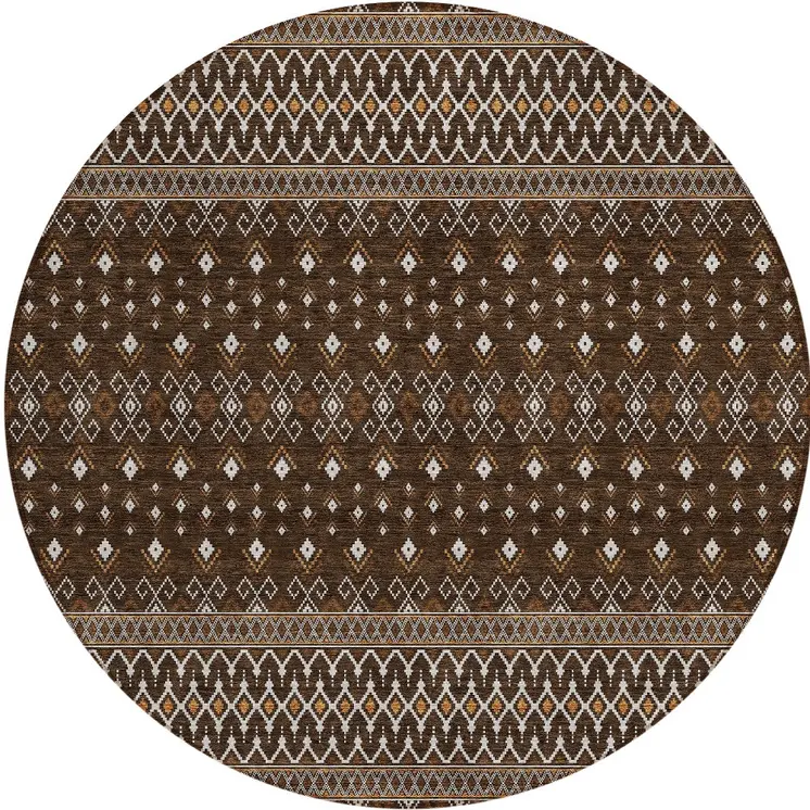 8' Chocolate Taupe And Copper Round Tribal Washable Indoor Outdoor Area Rug