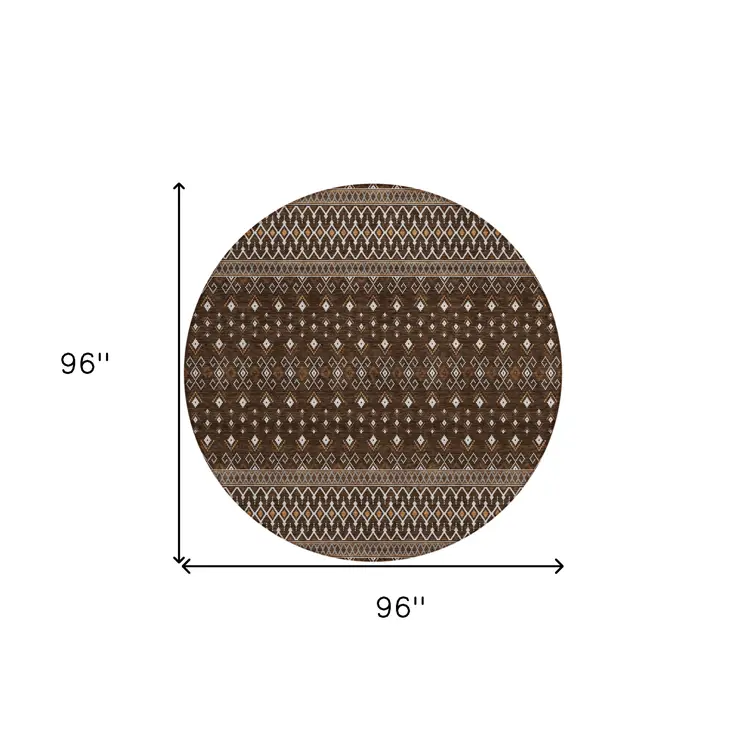 8' Chocolate Taupe And Copper Round Tribal Washable Indoor Outdoor Area Rug