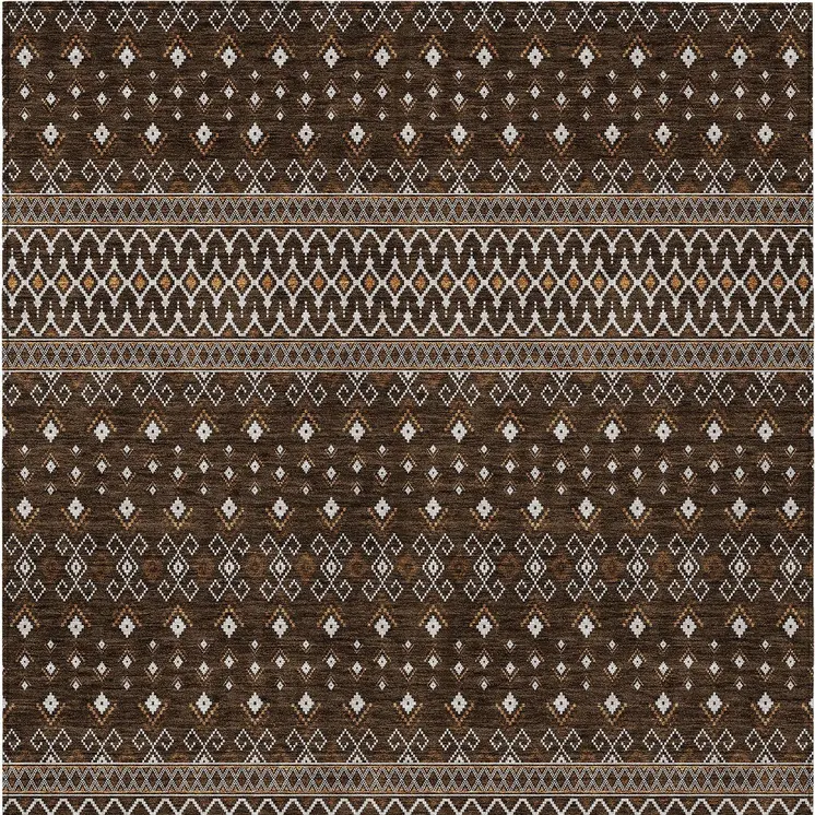 9' X 12' Chocolate Taupe And Copper Tribal Washable Indoor Outdoor Area Rug
