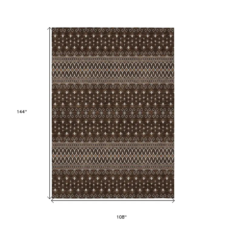 9' X 12' Chocolate Taupe And Copper Tribal Washable Indoor Outdoor Area Rug