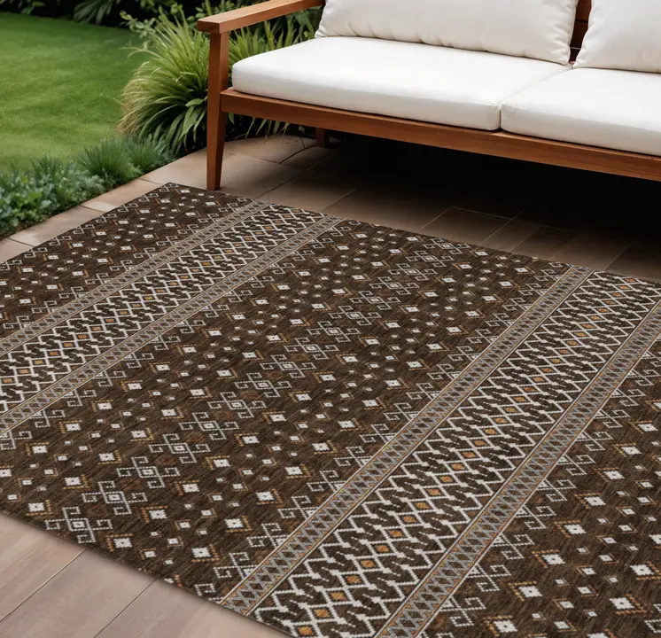 9' X 12' Chocolate Taupe And Copper Tribal Washable Indoor Outdoor Area Rug