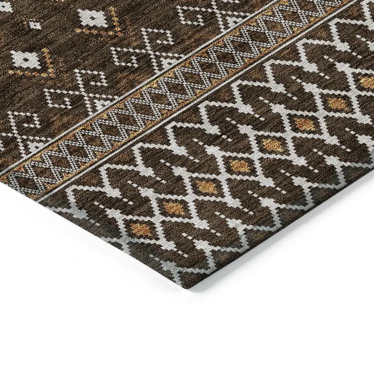 9' X 12' Chocolate Taupe And Copper Tribal Washable Indoor Outdoor Area Rug