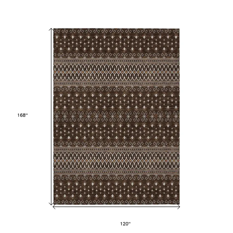 10' X 14' Chocolate Taupe And Copper Tribal Washable Indoor Outdoor Area Rug