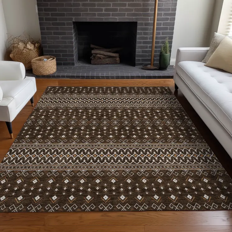 10' X 14' Chocolate Taupe And Copper Tribal Washable Indoor Outdoor Area Rug