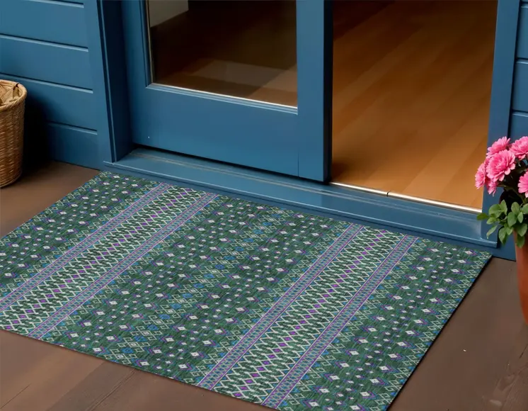 3' X 5' Green Blue And Purple Tribal Washable Indoor Outdoor Area Rug