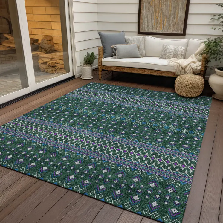 3' X 5' Green Blue And Purple Tribal Washable Indoor Outdoor Area Rug