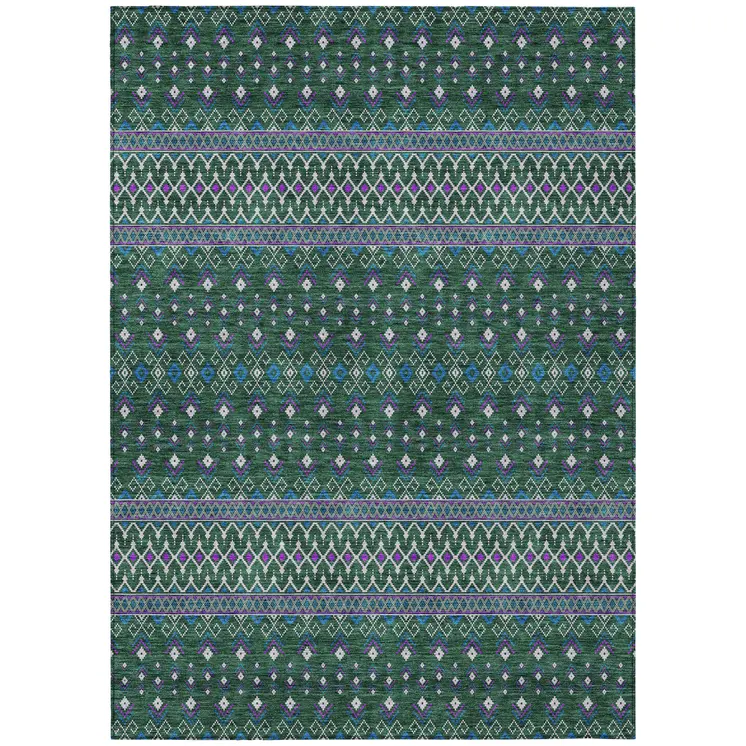 3' X 5' Green Blue And Purple Tribal Washable Indoor Outdoor Area Rug