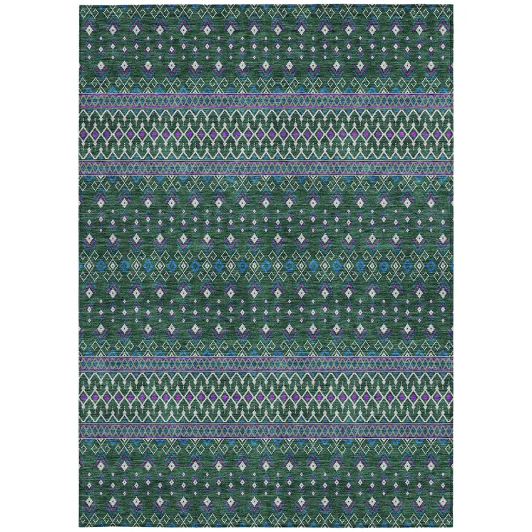 3' X 5' Green Blue And Purple Tribal Washable Indoor Outdoor Area Rug
