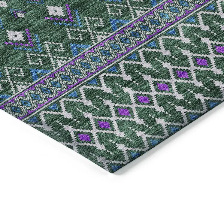 3' X 5' Green Blue And Purple Tribal Washable Indoor Outdoor Area Rug