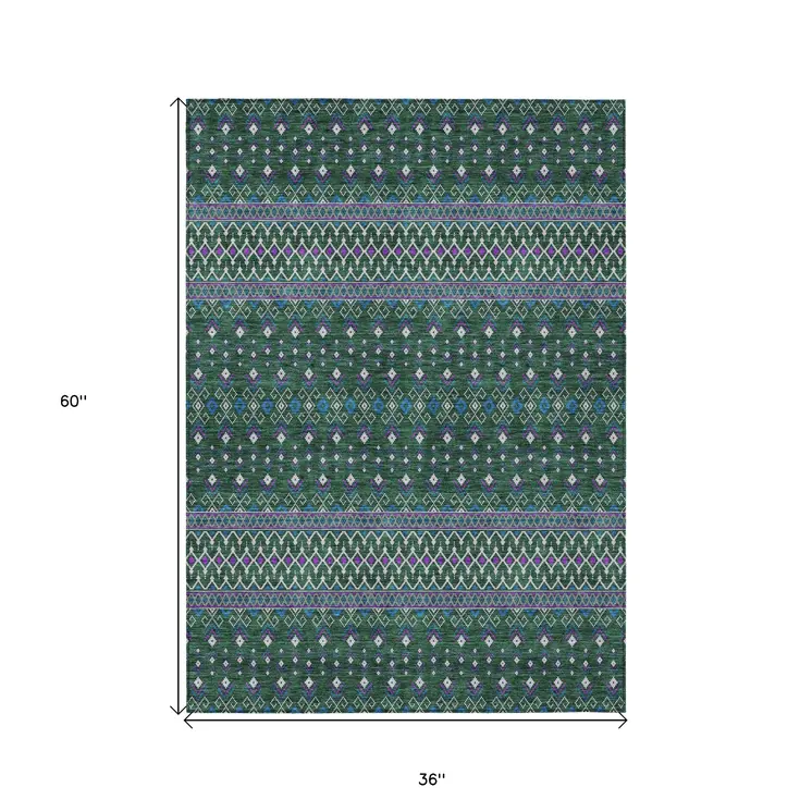 3' X 5' Green Blue And Purple Tribal Washable Indoor Outdoor Area Rug