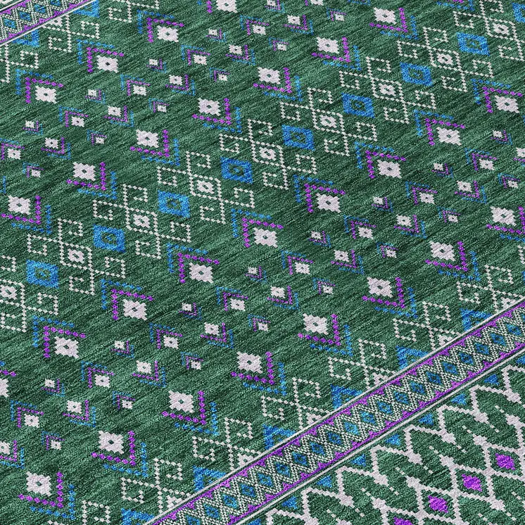 3' X 5' Green Blue And Purple Tribal Washable Indoor Outdoor Area Rug