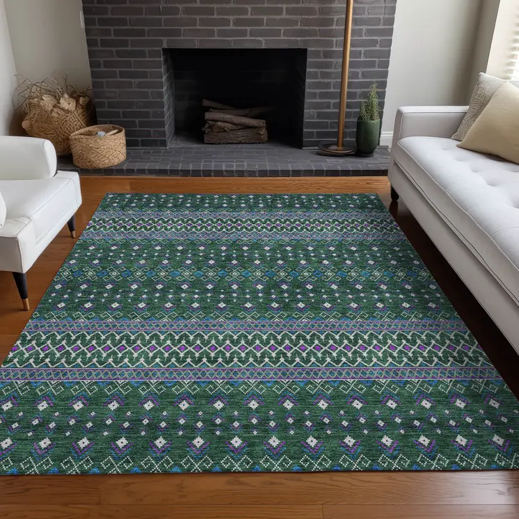 3' X 5' Green Blue And Purple Tribal Washable Indoor Outdoor Area Rug