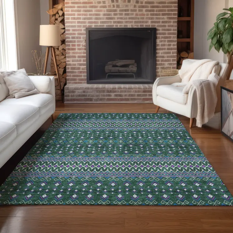 3' X 5' Green Blue And Purple Tribal Washable Indoor Outdoor Area Rug