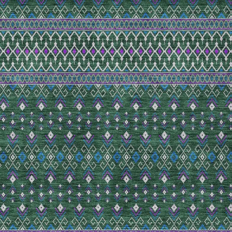 5' X 8' Green Blue And Purple Tribal Washable Indoor Outdoor Area Rug