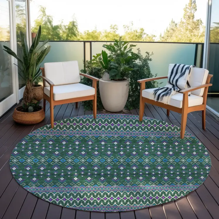 8' Green Blue And Purple Round Tribal Washable Indoor Outdoor Area Rug