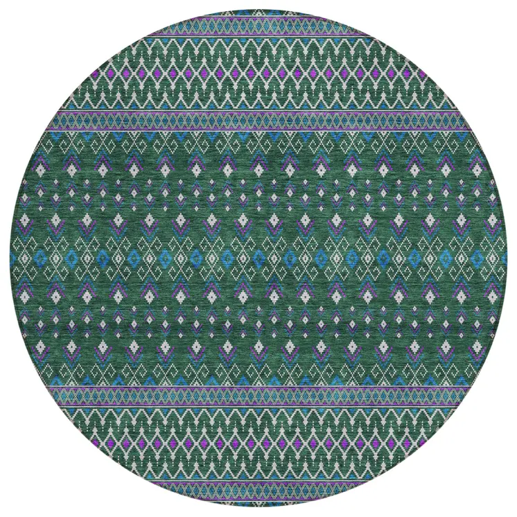 8' Green Blue And Purple Round Tribal Washable Indoor Outdoor Area Rug