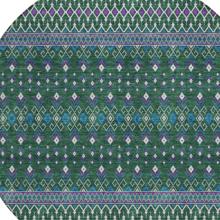8' Green Blue And Purple Round Tribal Washable Indoor Outdoor Area Rug