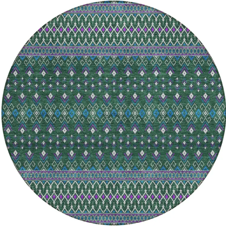 8' Green Blue And Purple Round Tribal Washable Indoor Outdoor Area Rug