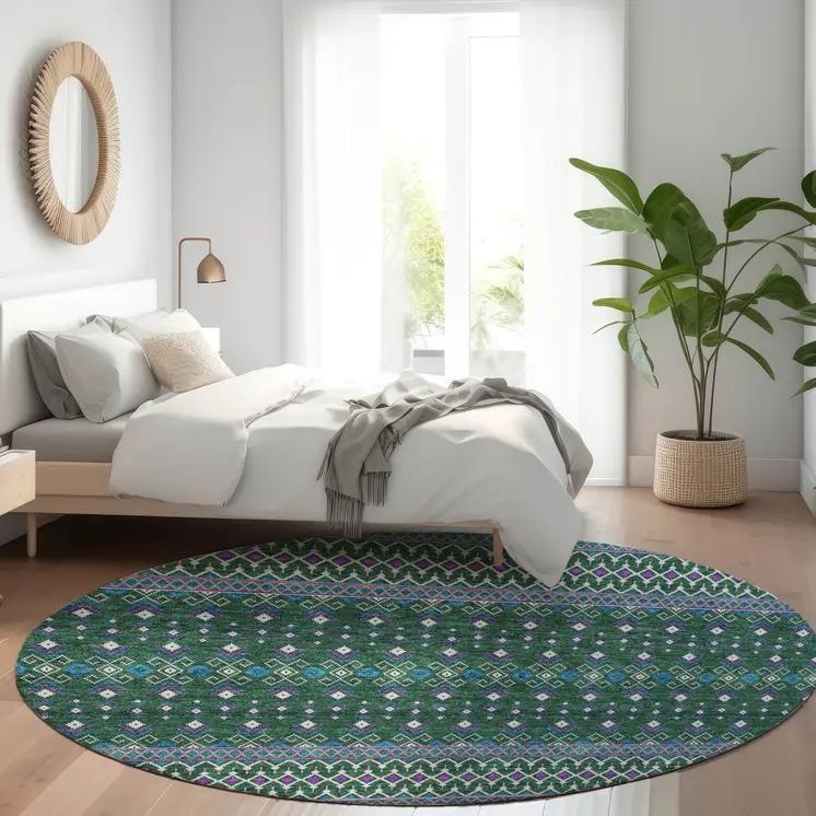 8' Green Blue And Purple Round Tribal Washable Indoor Outdoor Area Rug
