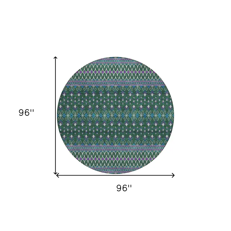 8' Green Blue And Purple Round Tribal Washable Indoor Outdoor Area Rug