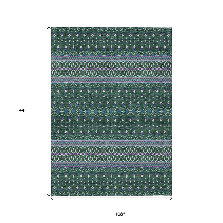 9' X 12' Green Blue And Purple Tribal Washable Indoor Outdoor Area Rug