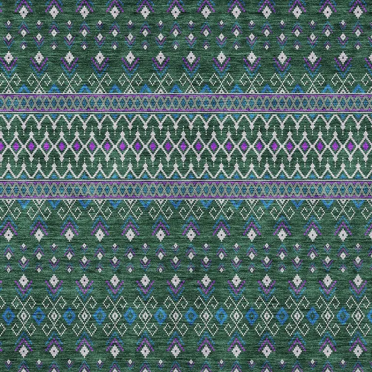 9' X 12' Green Blue And Purple Tribal Washable Indoor Outdoor Area Rug