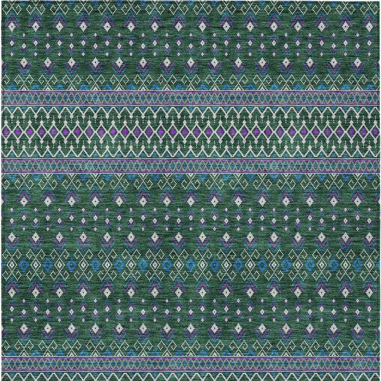 9' X 12' Green Blue And Purple Tribal Washable Indoor Outdoor Area Rug