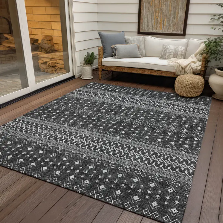 5' X 8' Gray Silver And Charcoal Tribal Washable Indoor Outdoor Area Rug