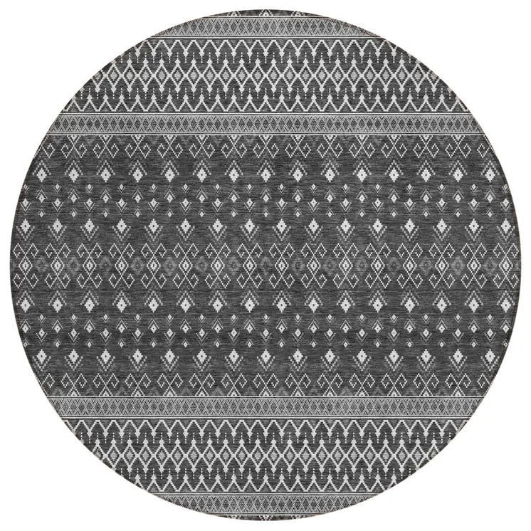8' Gray Silver And Charcoal Round Tribal Washable Indoor Outdoor Area Rug