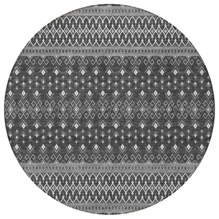 8' Gray Silver And Charcoal Round Tribal Washable Indoor Outdoor Area Rug