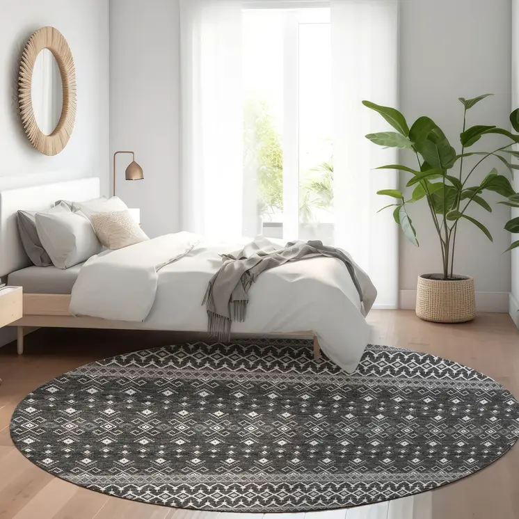 8' Gray Silver And Charcoal Round Tribal Washable Indoor Outdoor Area Rug