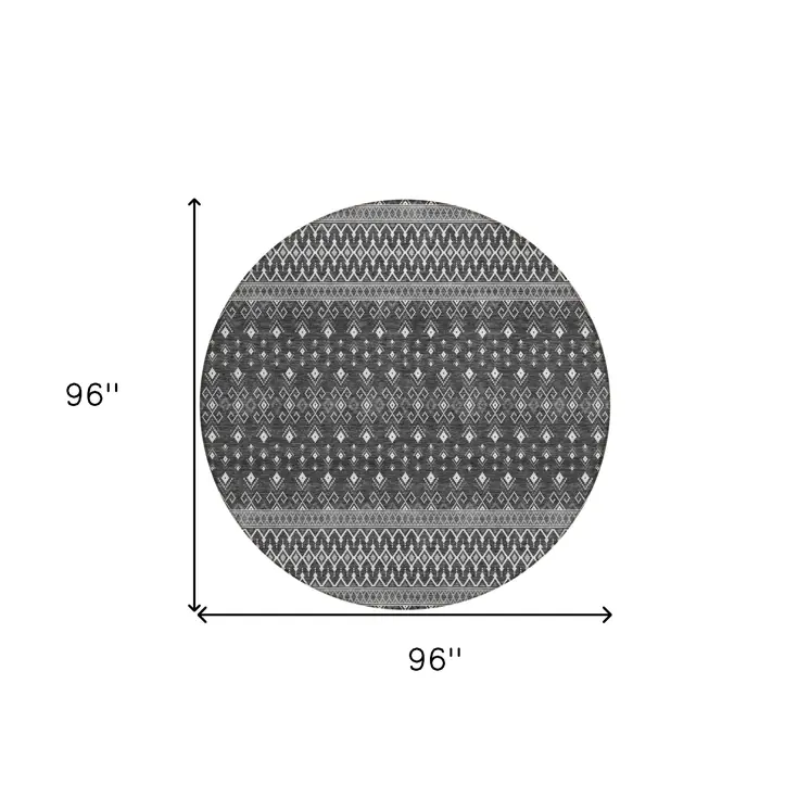 8' Gray Silver And Charcoal Round Tribal Washable Indoor Outdoor Area Rug