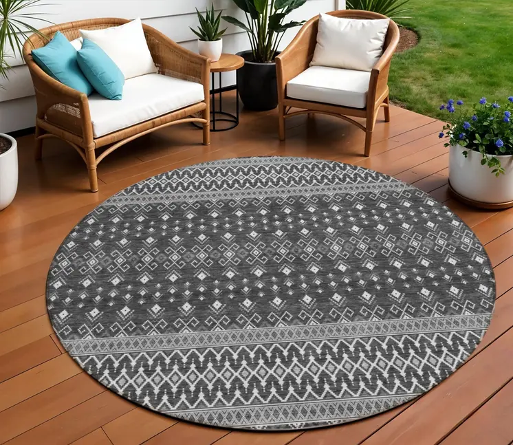8' Gray Silver And Charcoal Round Tribal Washable Indoor Outdoor Area Rug