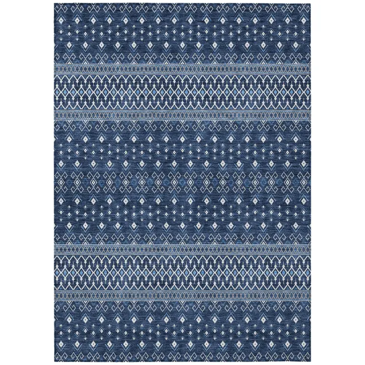 5' X 8' Navy Blue And Denim Blue Tribal Washable Indoor Outdoor Area Rug