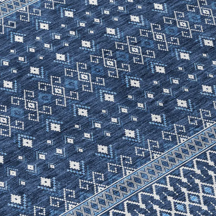 5' X 8' Navy Blue And Denim Blue Tribal Washable Indoor Outdoor Area Rug