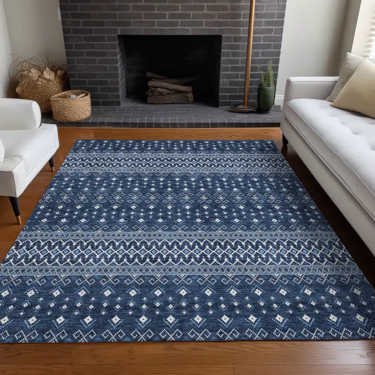 5' X 8' Navy Blue And Denim Blue Tribal Washable Indoor Outdoor Area Rug