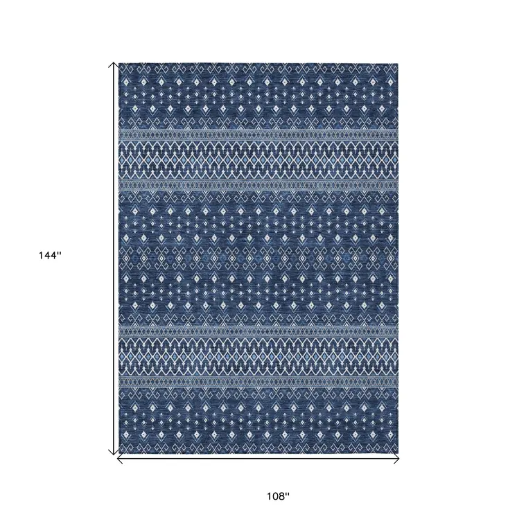 9' X 12' Navy Blue And Denim Blue Tribal Washable Indoor Outdoor Area Rug