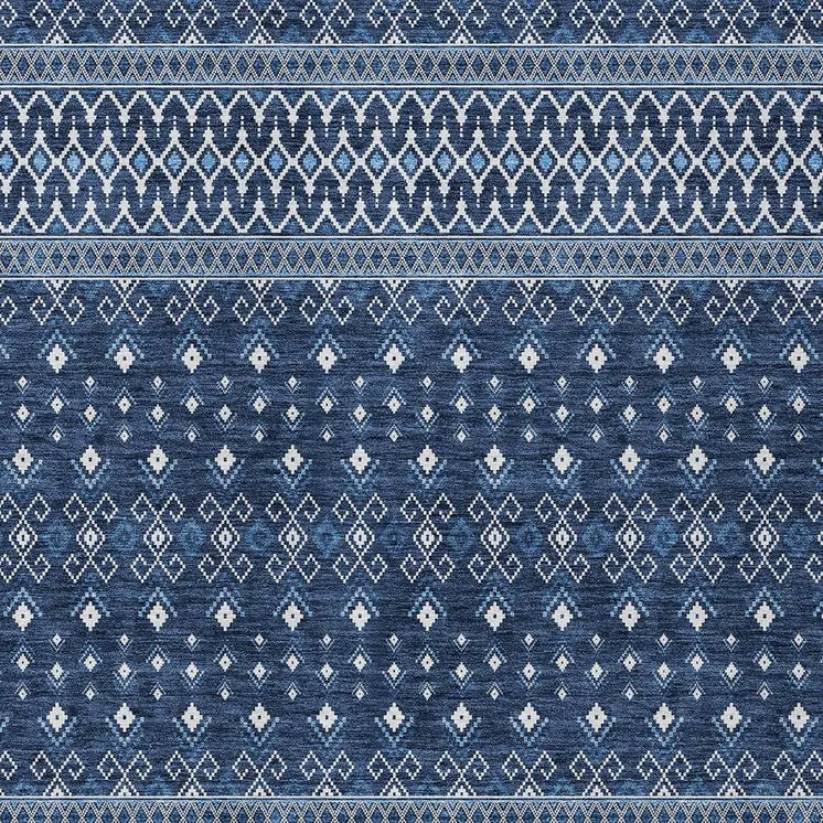 9' X 12' Navy Blue And Denim Blue Tribal Washable Indoor Outdoor Area Rug