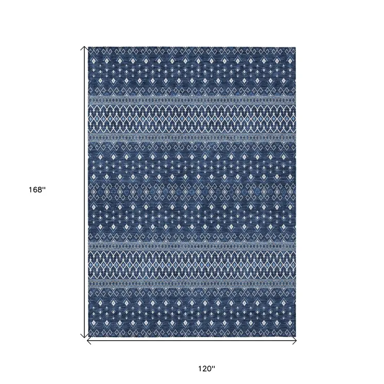 10' X 14' Navy Blue And Denim Blue Tribal Washable Indoor Outdoor Area Rug