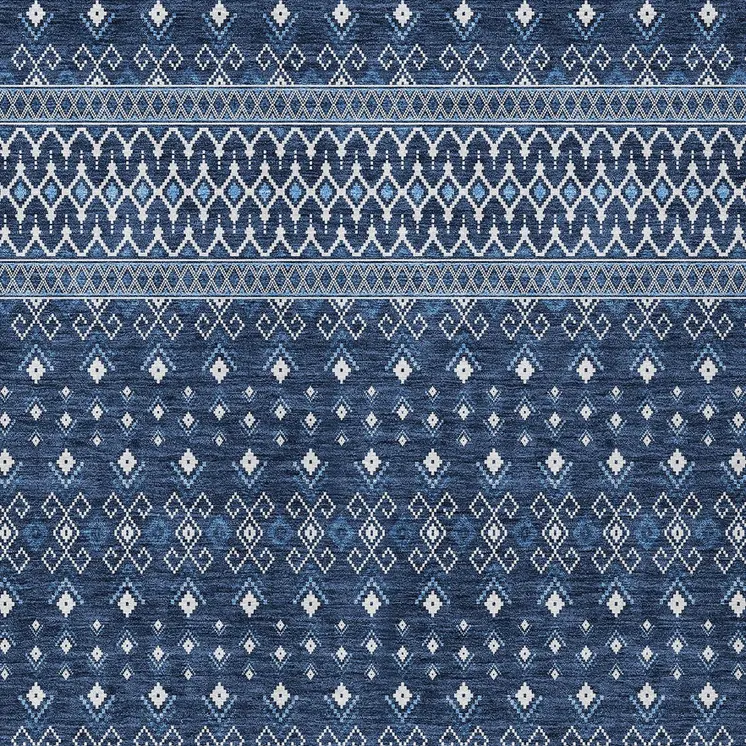 10' X 14' Navy Blue And Denim Blue Tribal Washable Indoor Outdoor Area Rug
