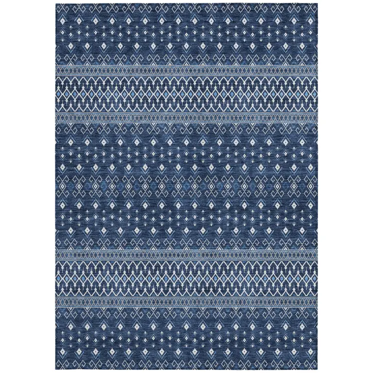 10' X 14' Navy Blue And Denim Blue Tribal Washable Indoor Outdoor Area Rug