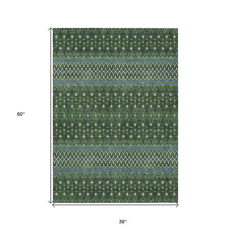 3' X 5' Olive Green And Blue Tribal Washable Indoor Outdoor Area Rug