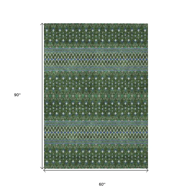 5' X 8' Olive Green And Blue Tribal Washable Indoor Outdoor Area Rug